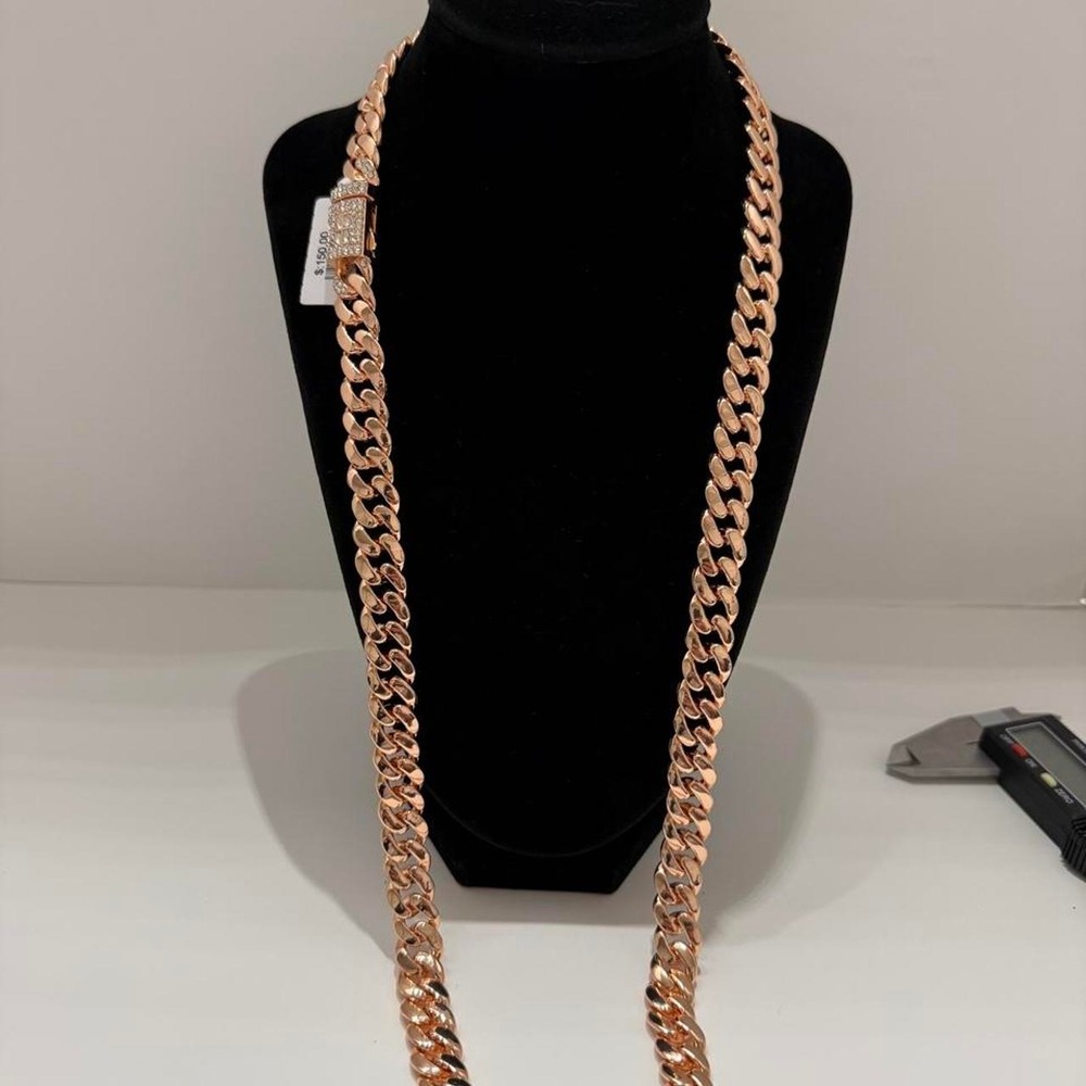 cuban chain rose gold over stainless steel iced out box lock 30 inch 13mm